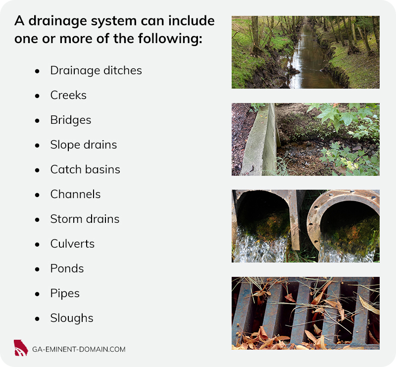 Examples of drainage systems include ditches, creeks, bridges, catch basins, culverts, storm drains, pipes & ponds.