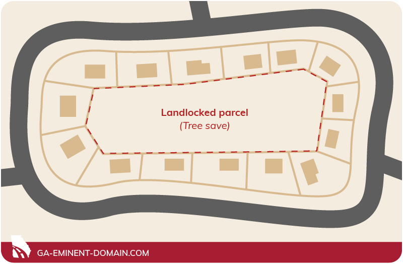 A tree save in the center of a housing development with no road access is a landlocked parcel.