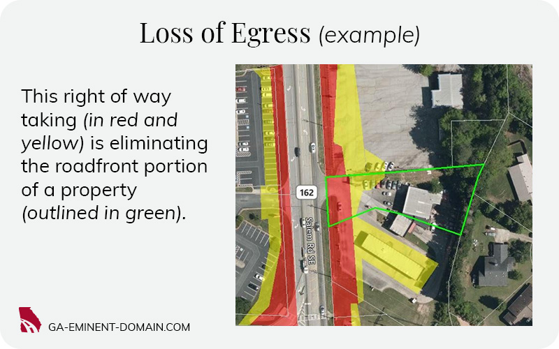 A loss of egress example where a right of way taking is eliminating the roadfront portion of a property.