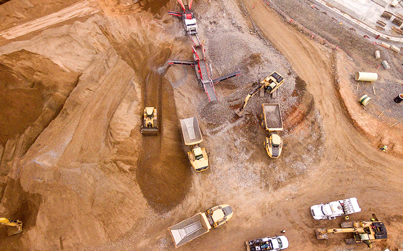 Drone shot of large construction area in Atlanta, Georgia.
