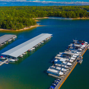 Aerial view of a marina on a lake in Georgia, USA.