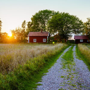 Sun setting on a small family farm with a red barn and gravel driveway.