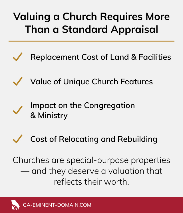 Georgia Eminent Domain Law Firm attorneys. Churches require specialized valuation that considers replacement costs, unique features, congregation impact & relocation expenses.
